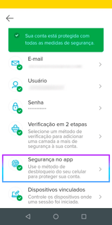 Acessando a opção Segurança no App
