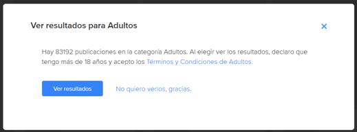 Advertencia de Mercado Libre al ingresar a la categoría Adultos