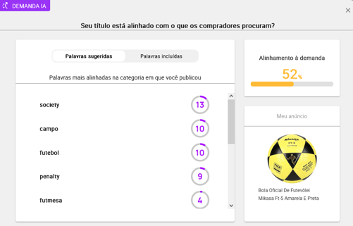 Análise IA da demanda de um anúncio na Nubimetrics