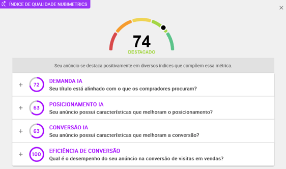 Análise IA de um anúncio na Nubimetrics