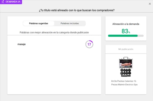 Visualización del análisis de demanda IA de un anuncio en Nubimetrics