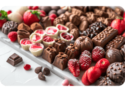 Bandejas con frutas, dulces y chocolates finos