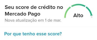 Captura de tela do score de crédito “Alto” exibido no aplicativo Mercado Pago