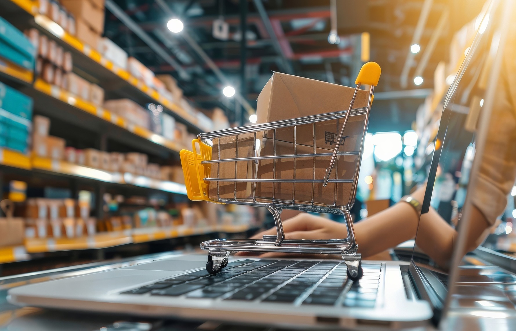 Carrinho de compras com caixas sob laptop com estoque ao fundo representando análise de dados no e-commerce