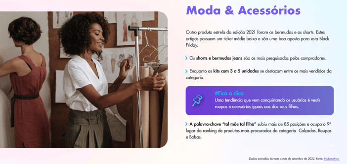 Categoria Bermudas e Shorts. (Fonte Guia grátis de Tendências da Black Friday 2022 da Nubimetrics)