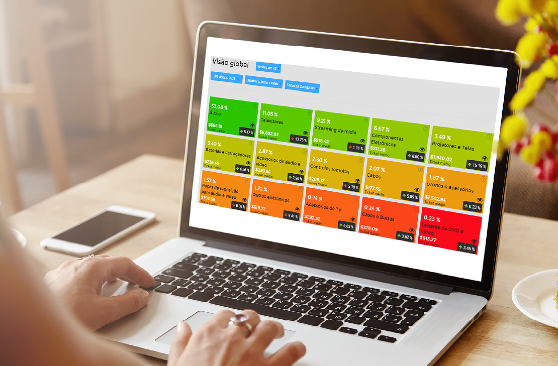 Laptop com painel de categorias do Mercado Livre na Nubimetrics