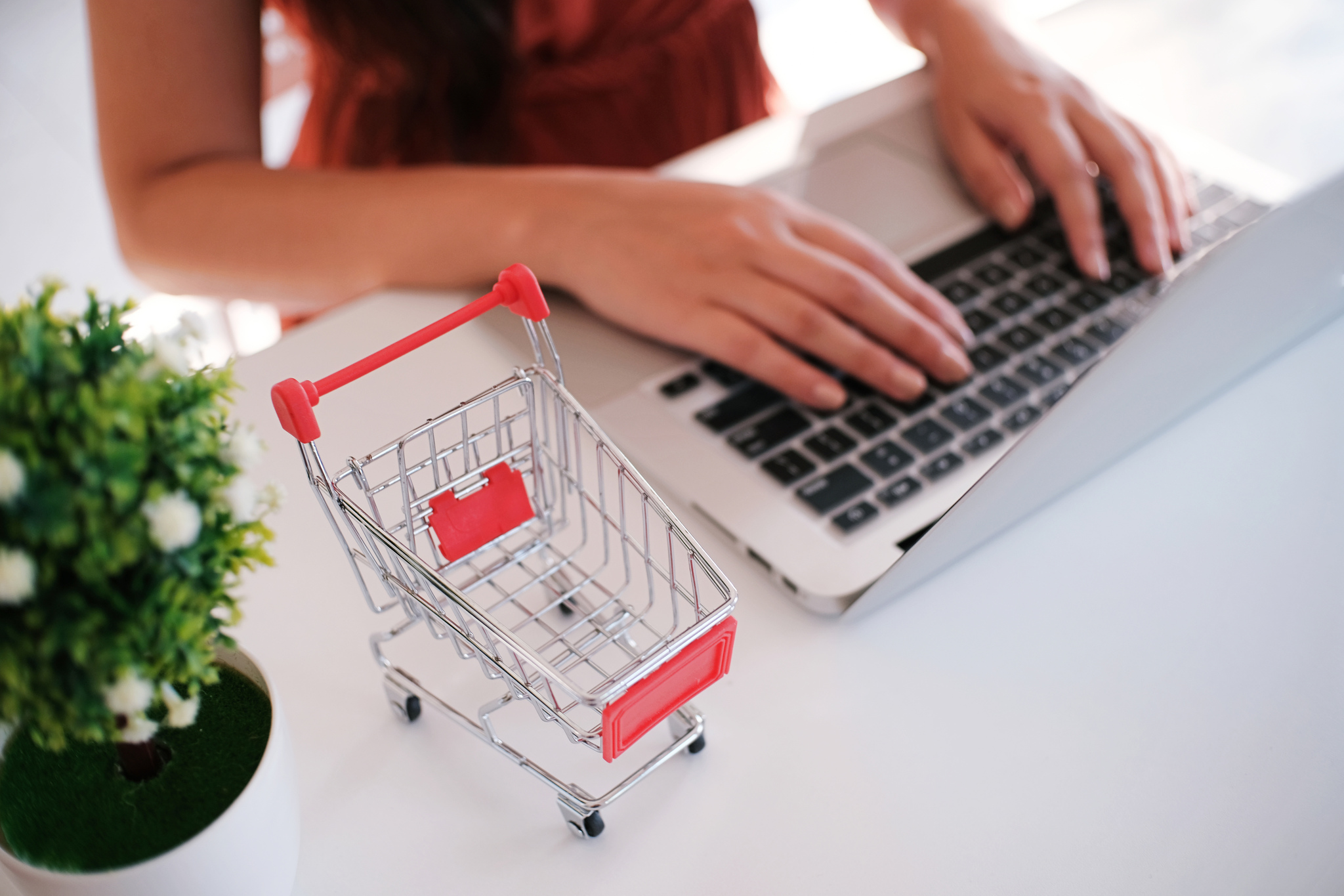 Compradora pesquisando no laptop com carrinho de compras ao lado representando clientes no e-commerce