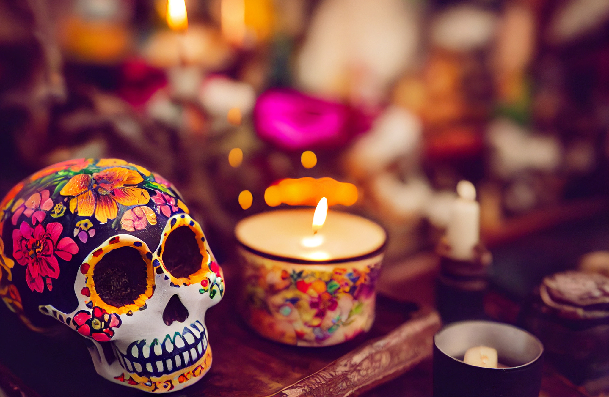 Cráneo azul decorado con flores y un candelabro que representa el Día de los Muertos