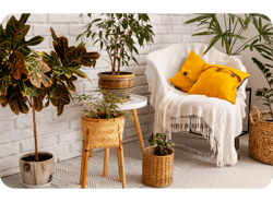 Design de sala relaxante com plantas verdes