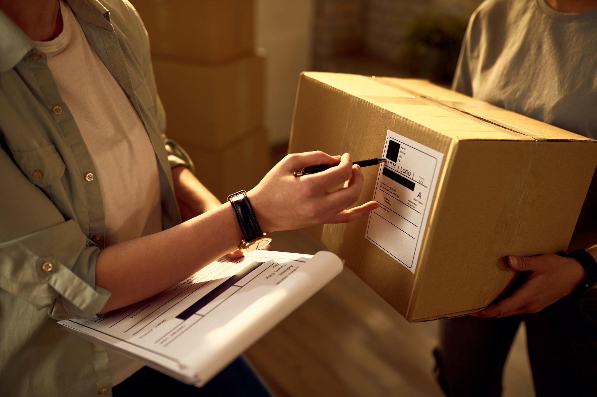 Duas vendedoras verificam dados de cliente em um pacote de encomenda