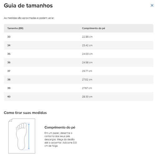 Exemplo de guia de tamanhos disponível no Mercado Livre