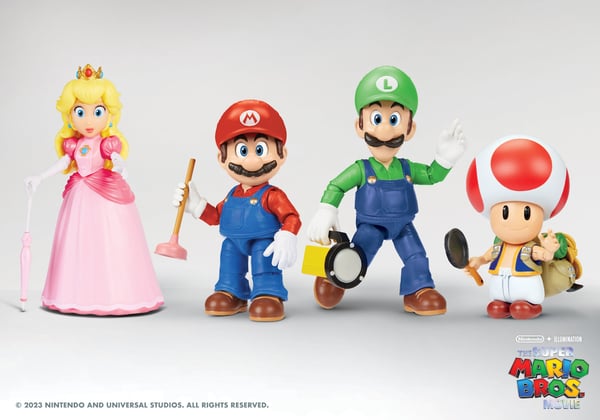 Imagem de bonecos colecionáveis do filme Super Mario Bros