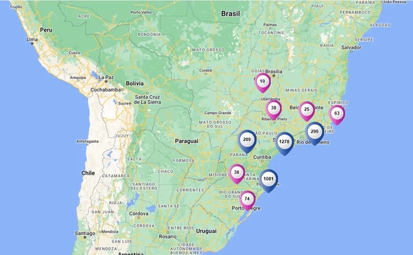 Mapa de distribuição de vendas de bombas pressurizadoras no Mercado Livre