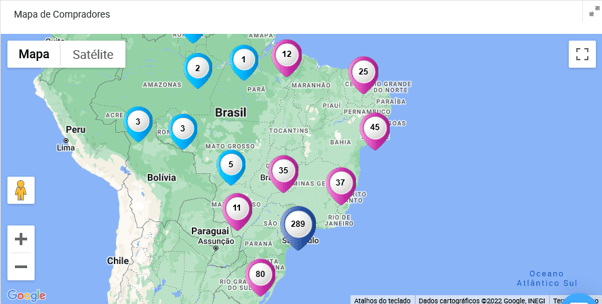 Mapa onde é possível ver a origem geográfica dos compradores na Nubimetrics