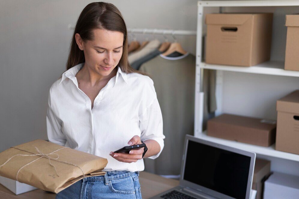 Mujer sosteniendo un paquete y un celular