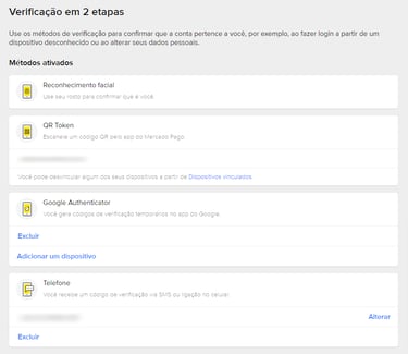 Opções dentro de Verificação em duas etapas 