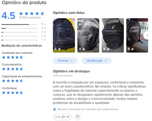 Opiniões e avaliações deixadas em um anúncio do Mercado Livre