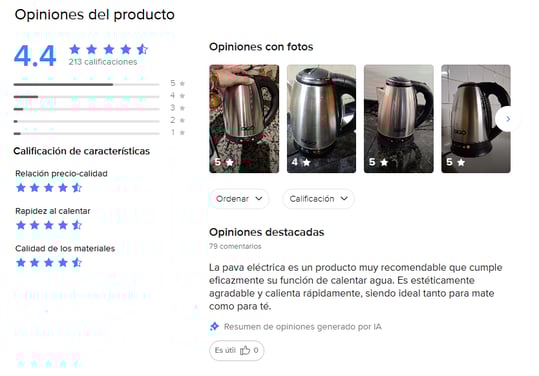 Opiniones y evaluaciones en una publicación de Mercado Libre