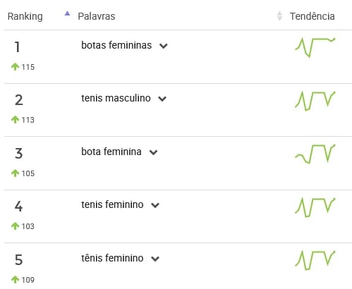 Palavras mais pesquisadas na categoria Calçados no Mercado Livre