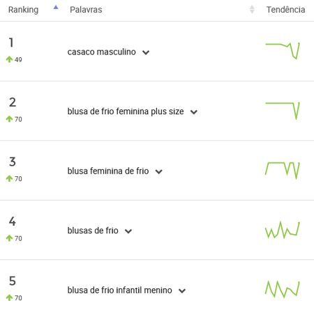 Palavras-chave mais pesquisadas na subcategoria Agasalhos do Mercado Livre