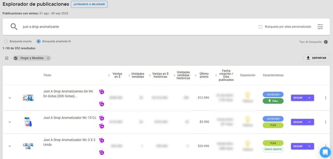Pantalla del Explorador de Publicaciones de Nubimetrics