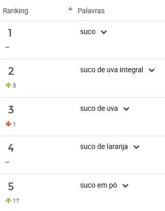 Ranking de palavras mais pesquisadas na categoria Sucos do Mercado Livre