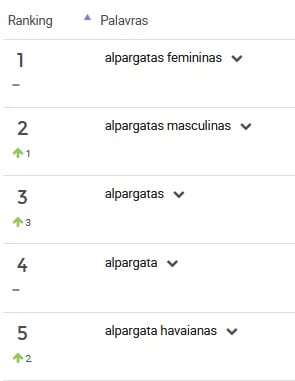 Ranking de palavras mais pesquisas para alpargatas no Mercado Livre