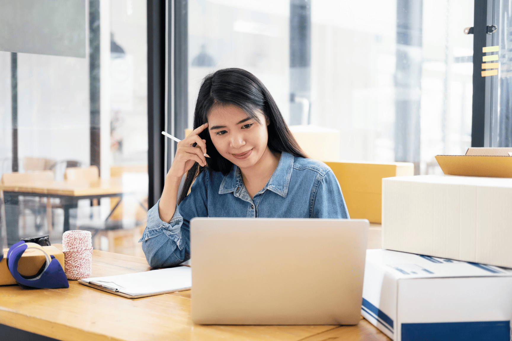 Vendedora con una computadora evaluando los errores en el análisis de datos en e-commerce