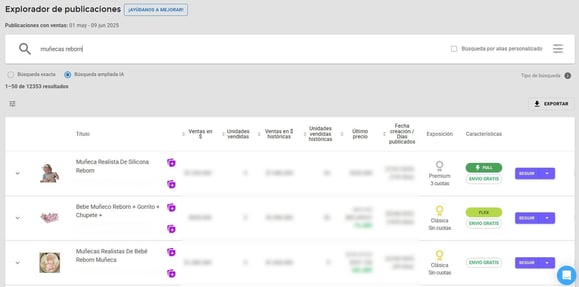 Vista de la pantalla del Explorador de Publicaciones de Nubimetrics