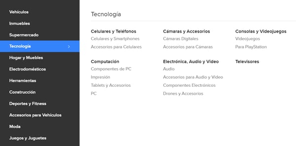 Vista de las categorías de Mercado Libre