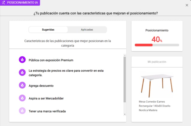 Vista de posicionamiento IA en Nubimetrics