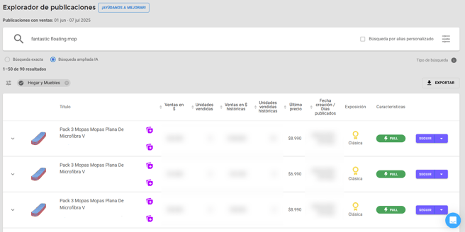 Vista de una búsqueda en el Explorador de Publicaciones de Nubimetrics