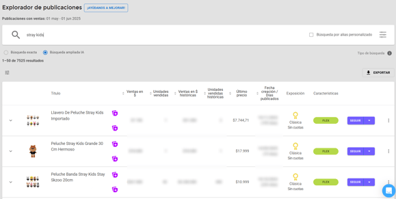Vista del Explorador de Publicaciones de Nubimetrics - Búsqueda de productos de K-pop