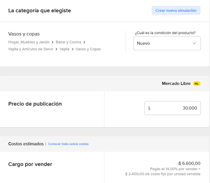 Vista del Simulador de Costos de Mercado Libre