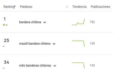 Vista del ranking de palabras clave del nicho Banderas en Mercado Libre Chile