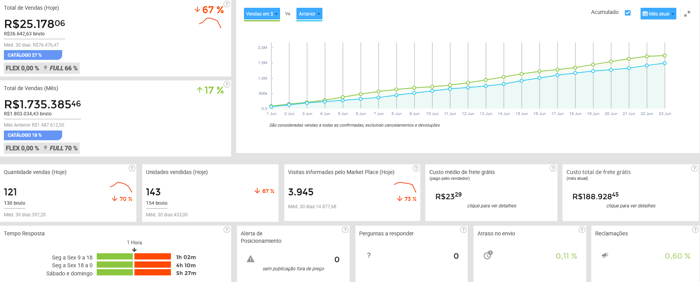 Visualização da tela de Visão do Dia  de um negócio no Mercado Livre  na Nubimetrics