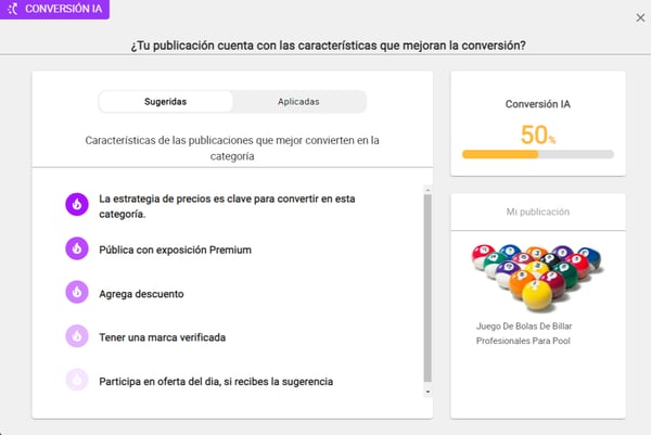 Visualización de la conversión IA de un anuncio en Nubimetrics