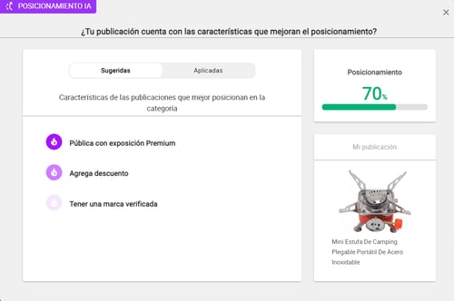 Visualización del análisis IA del posicionamiento de una publicación en Nubimetrics