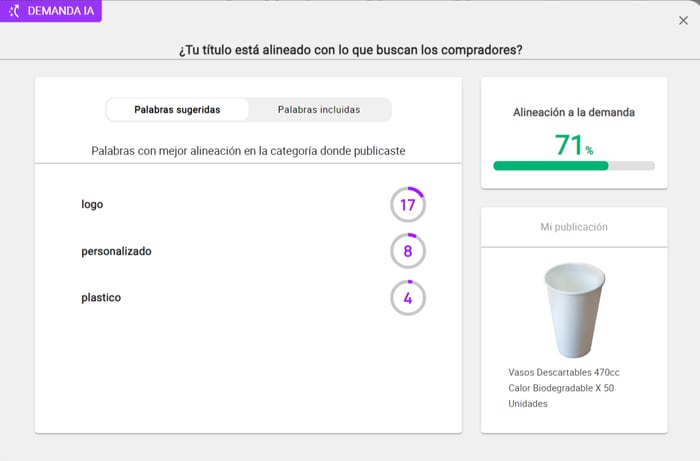 Visualización del análisis de demanda IA de un anuncio en Nubimetrics