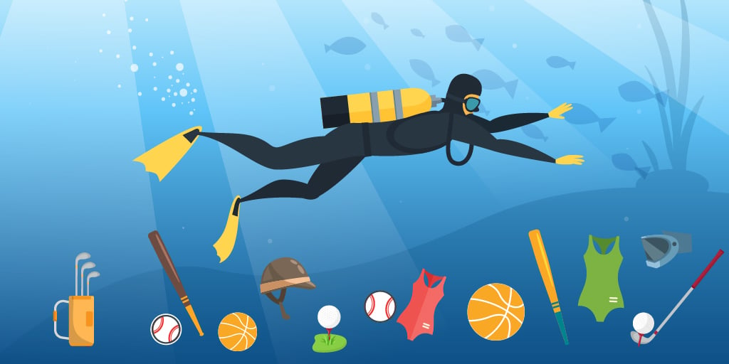 Buzo nadando con ítems de distintas categorías de deportes en mercado libre